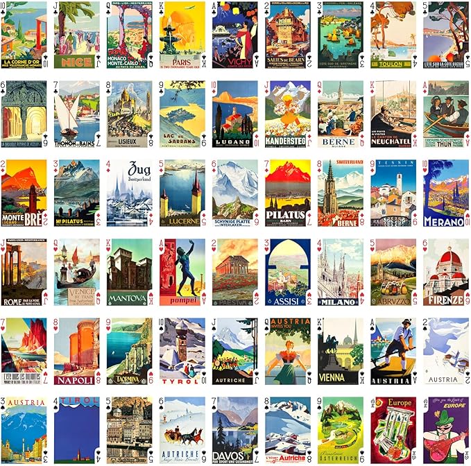 Europe Travel Playing Cards (Poker Deck 54 Cards All Different) Vintage European Travel Posters