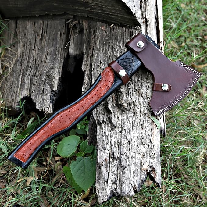 Viking Axe | 18" Carbon Steel Throwing Hatchet with Ash Wood Handle & Leather Sheath | Etched Norse