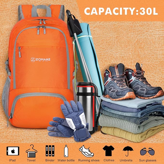ZOMAKE Lightweight Packable Backpack 30L, Foldable Hiking Backpacks Water Resistant Compact Folding