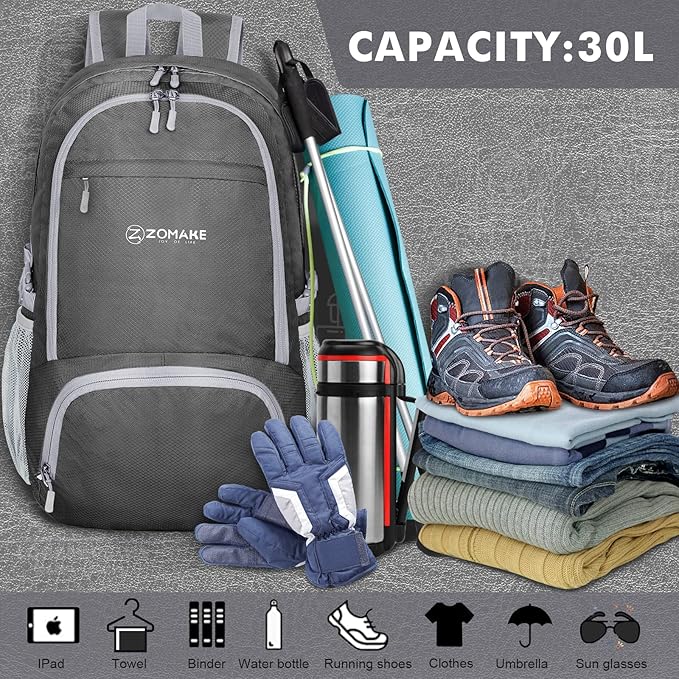 ZOMAKE Lightweight Packable Backpack 30L, Foldable Hiking Backpacks Water Resistant Compact Folding
