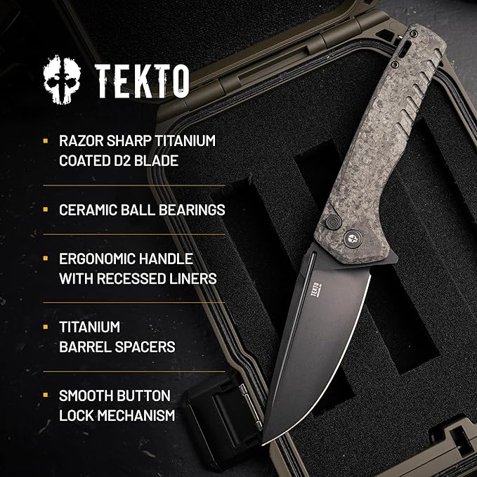 F3 Charlie Button Lock Folding Knife, Oversized Fine Edge Blade, Tactical Forged Carbon G10 Handle