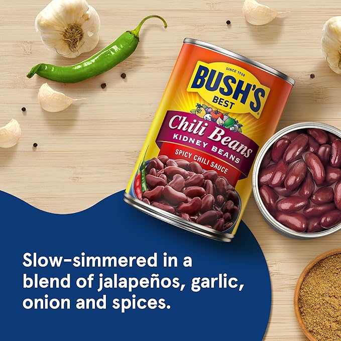 BUSH'S BEST 16 oz Canned Spicy Dark Red Chili Beans, Source of Plant Based Protein and Fiber, (Pack