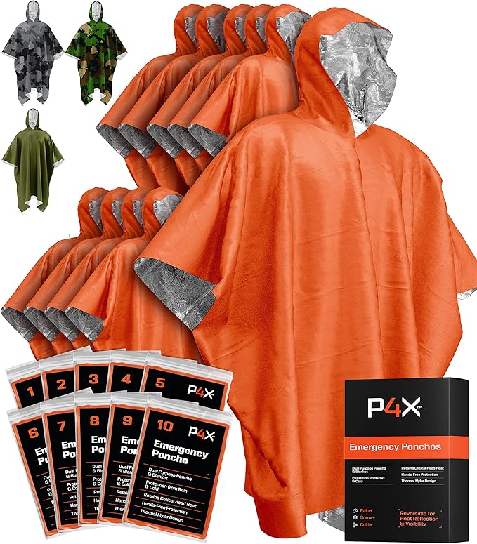 PREPARED4X Emergency Poncho and Mylar Blanket Liner - Waterproof, Wind-Resistant Outdoor Rain