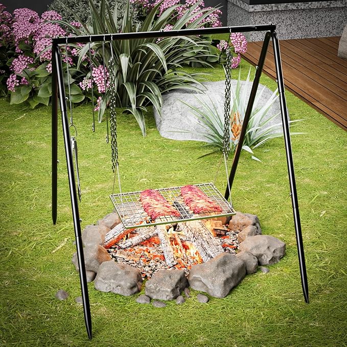 Grill Swing Campfire Cooking Stand, BBQ Grill for Cookware, Bruntmor Dutch Oven Adjustable