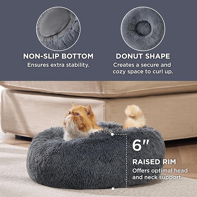 Bedsure Calming Cat Beds for Indoor Cats - Small Cat Bed Washable 20 inches, Anti-Slip Round Fluffy