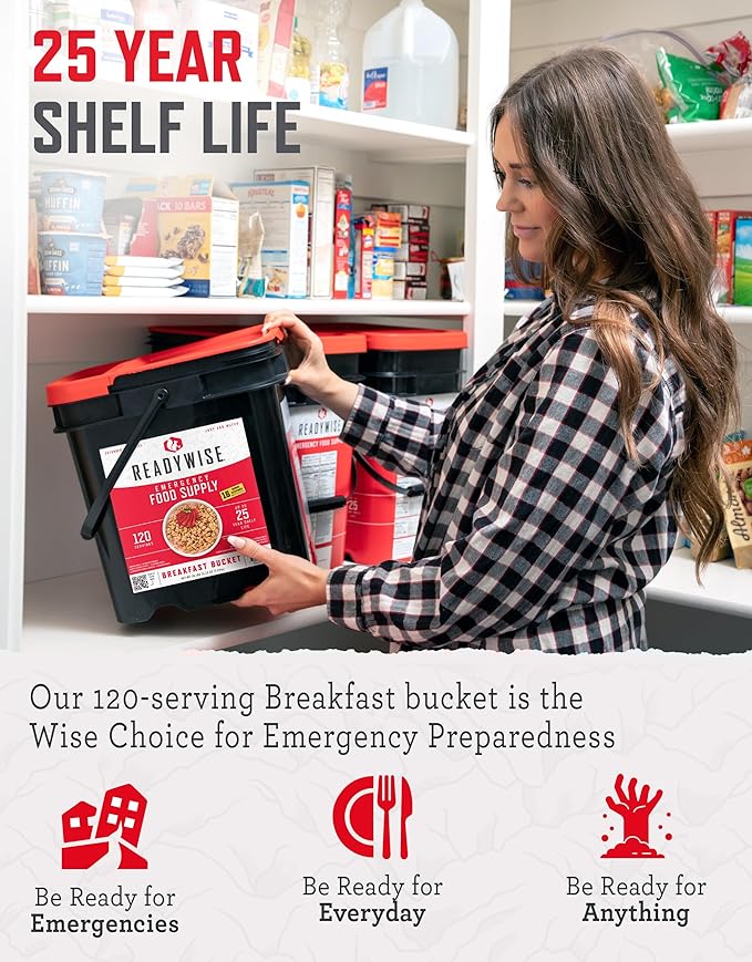ReadyWise Emergency Food Supply - 120 Servings Breakfast Bucket, Freeze Dried & Dehydrated Meals