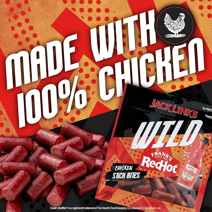 Jack Link's Wild Chicken Stick Bites Made with Frank's RedHot Flavor, Mini Meat Sticks, Shareable