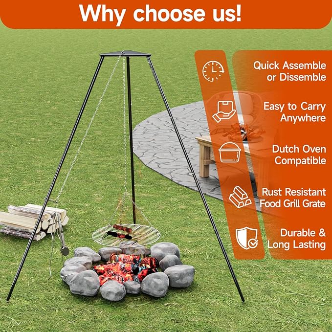 Campfire Tripod for Cooking, Campfire Cooking Equipment, Round Grill Grate with Adjustable Height