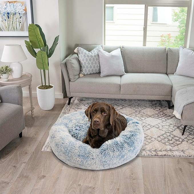 Best Friends by Sheri Original Calming Donut Dog and Cat Bed, Shag Faux Fur, Denim Blue, (36in x