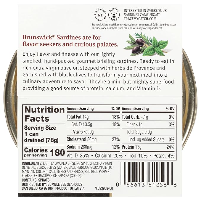 Brunswick Wild Caught Gourmet Brisling Sardines in Extra Virgin Olive Oil,Mediterranean Style,with