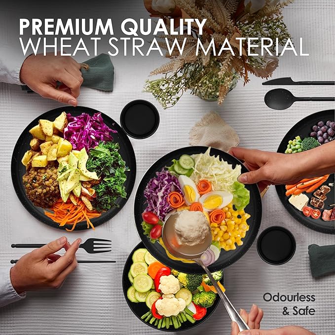 Wheat Straw Dinnerware Sets For 4 - Alternate To Black Plastic Dishes - Dishwasher Microwave Safe