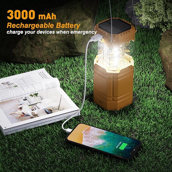3000mAh Large Capacity Hand Crank Solar Camping Lantern, Portable Ultra Bright LED Torch, 23-26