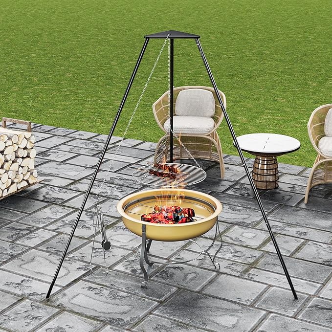 Campfire Tripod for Cooking, Campfire Cooking Equipment, Round Grill Grate with Adjustable Height