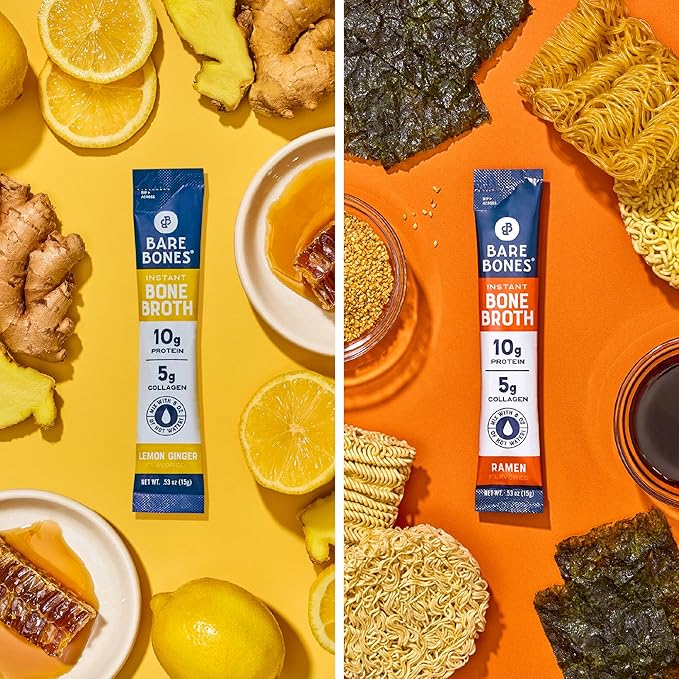 Bare Bones Bone Broth Instant Powdered Mix | 4 Beef 4 Chicken 4 Ramen 4 Lemon Ginger | Non-GMO