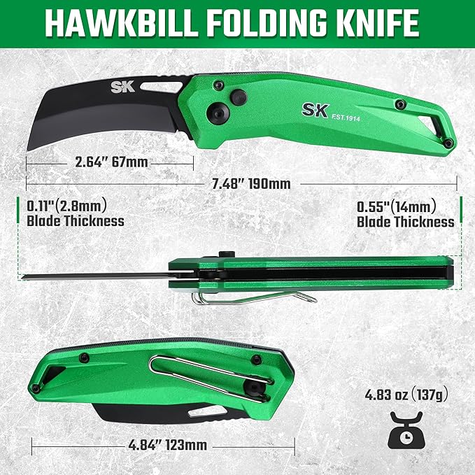 SK Hawkbill Folding Pocket Utility Knife, Premium D2 Curved Blade for Cable Skinning, Carpet