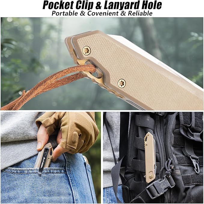 FLISSA Folding Pocket Knife, EDC Knife with D2 Steel Blade and G10 Handle, Pocket Clip, Suitable