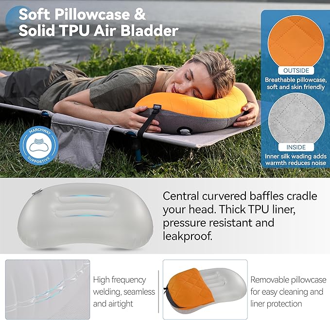 MARCHWAY Ultralight Inflatable Camping Pillow with Soft Washable Cover, Compact Compressible