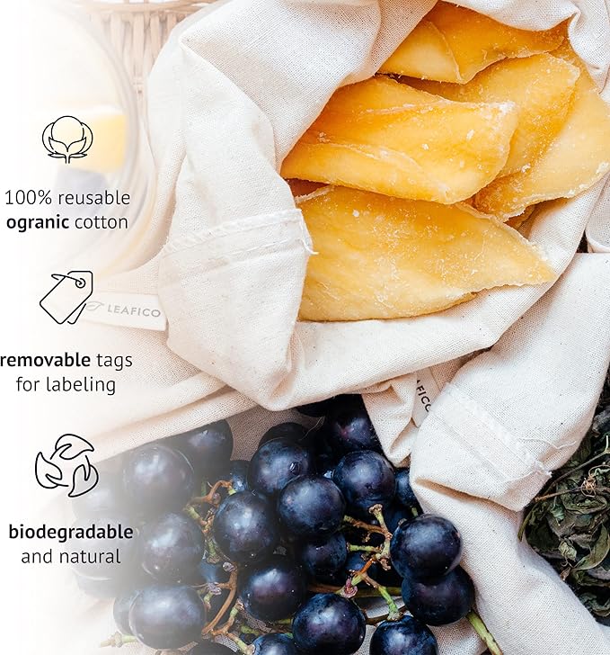 LEAFICO Organic Cotton Reusable Produce Bags - Small 5x7 (12 Pack) - Biodegradable Eco-Friendly