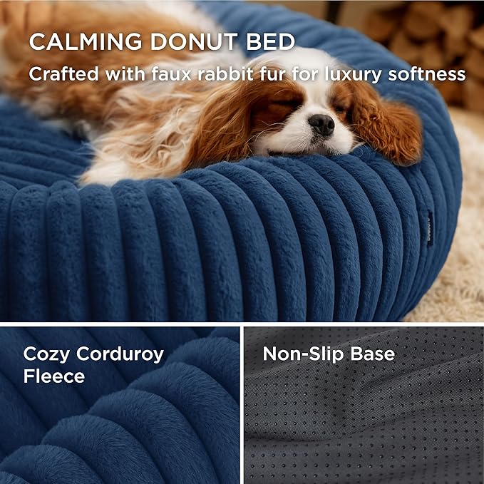 Bedsure Donut Medium Dog Bed - Washable Faux Fur with Corduroy Fleece & Anti Slip Bottom, Round Pet