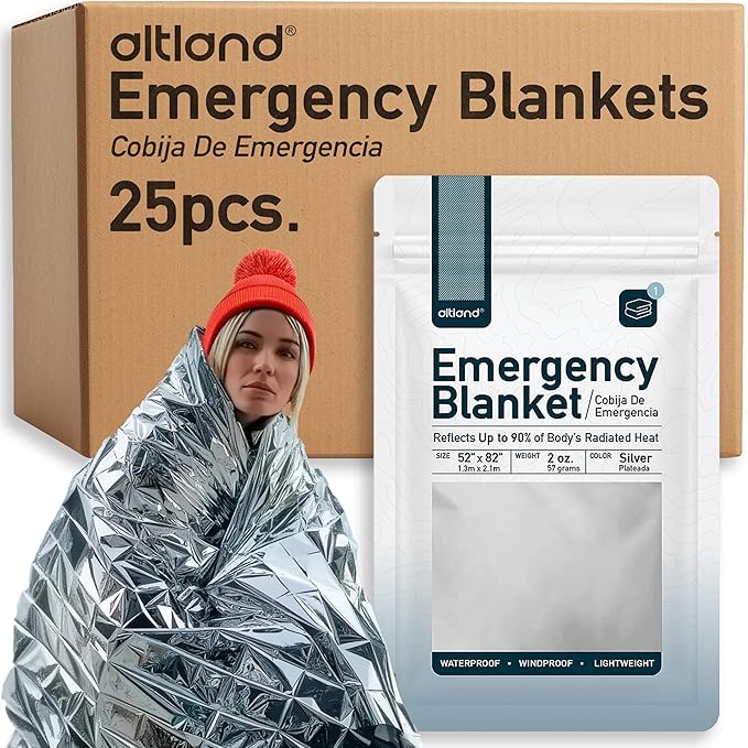 Altland 25 Pack of Emergency Blankets - Bulk Heat Reflective Blankets for Winter Survival Kits