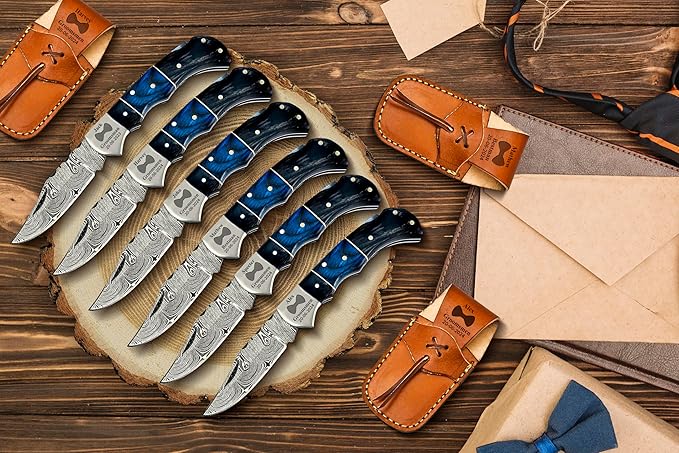 Set of 10 - Personalized Damascus Pocket Knife for Groomsmen -With Leather Sheaths - Custom