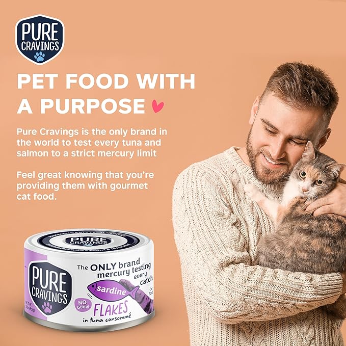 Pure Cravings Sardine Flakes in Tuna Consommé, Canned Wet Cat Food Soup, 100% Mercury-Tested, Moist