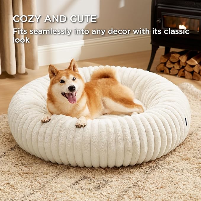 Bedsure Donut Large Dog Bed - Washable Faux Fur with Corduroy Fleece & Anti Slip Bottom, Round Pet