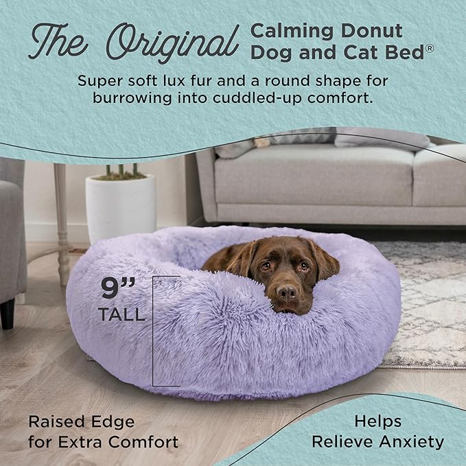 Best Friends by Sheri Original Calming Donut Dog and Cat Bed, Shag Faux Fur, Lavender, (36in x