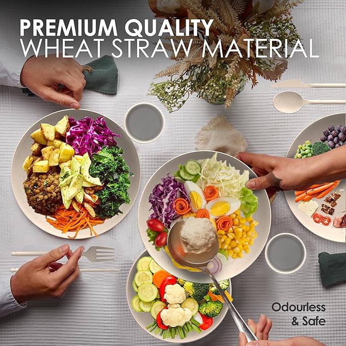 Wheat Straw Dinnerware Sets for 4 - Alternate To Plastic Dinnerware Set - Dishwasher Safe Microwave