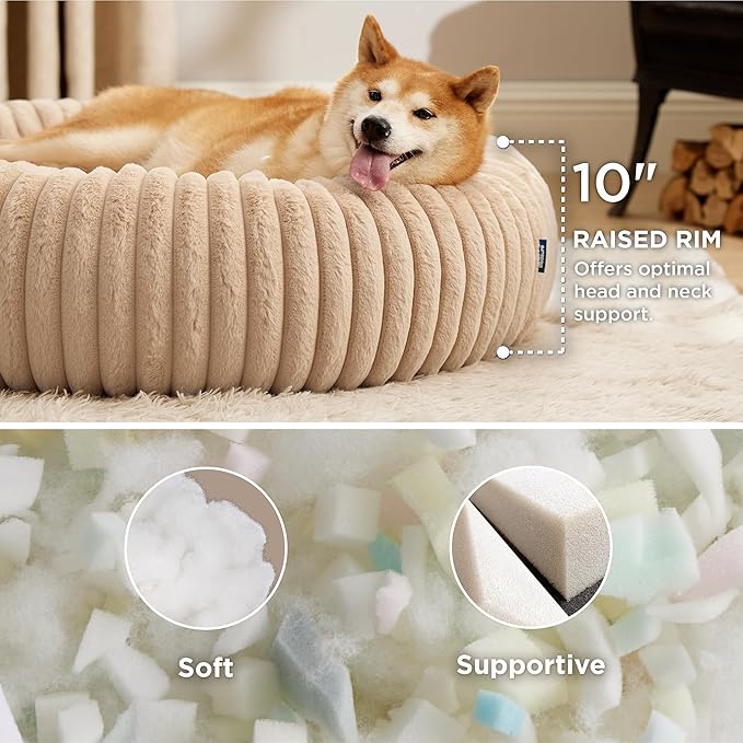 Bedsure Donut Large Dog Bed - Washable Faux Fur with Corduroy Fleece & Anti Slip Bottom, Round Pet