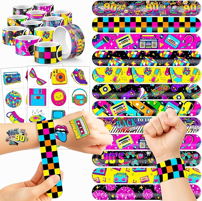 72PCS 90s & 80s Party Favors - 48PCS Pre-Cut Tattoos & 24PCS Slap Bracelets, Retro 90s Birthday