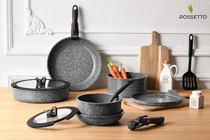ROSSETTO 16pcs Aluminium Nonstick Pots and Pans Set from France with detachable Handle, Stackable