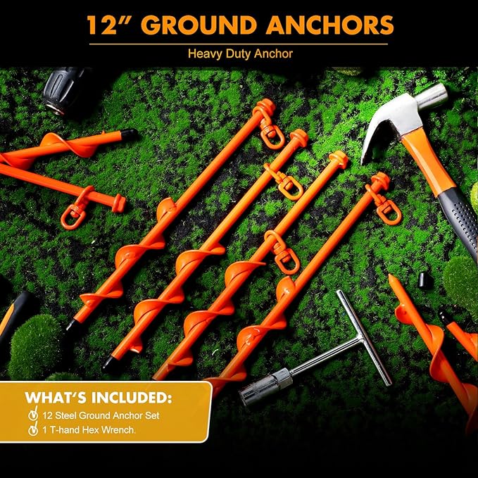 Zhengmy 12 Pcs Ground Anchors Screw in, 12 Inch Heavy Duty Tent Stakes with Trampoline Anchor Hook