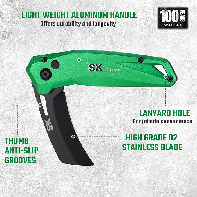 SK Hawkbill Folding Pocket Utility Knife, Premium D2 Curved Blade for Cable Skinning, Carpet