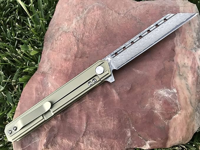 TACTICAL GEARZ Damascus Pocket Knife for EDC, Solid Titanium Handle, 67 Multi-Layered Damascus
