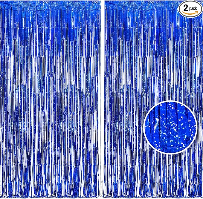 BRAVESHINE Blue Tinsel Foil Fringe Curtains - 2Pcs 3.2x8.2 ft Metallic Holidays Photo Backdrop for