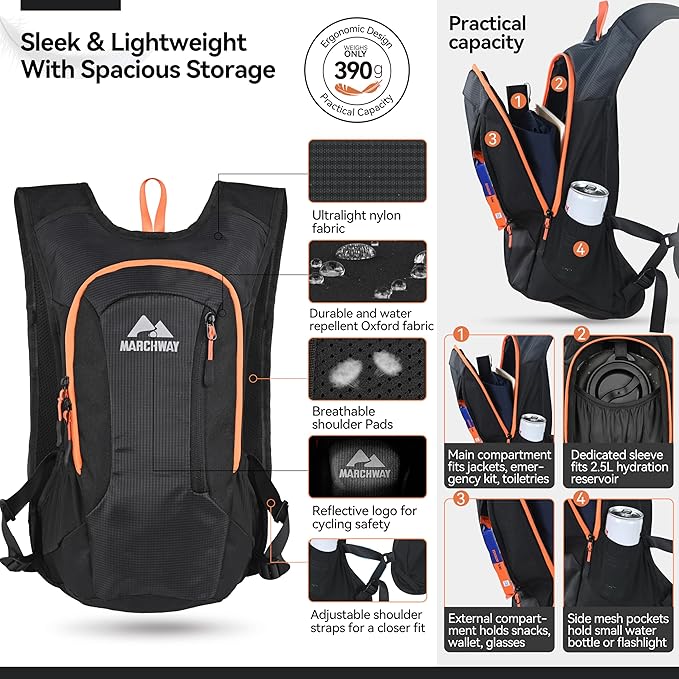 MARCHWAY Lightweight Hydration Backpack with Vest Style Straps & 2.5L TPU Water Bladder, Versatile