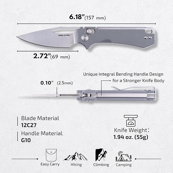 REALSTEEL VIS Pocket Knife, Folding Knife, Crossbar Lock, 2.72" Small 12C27 Steel Satin Plain