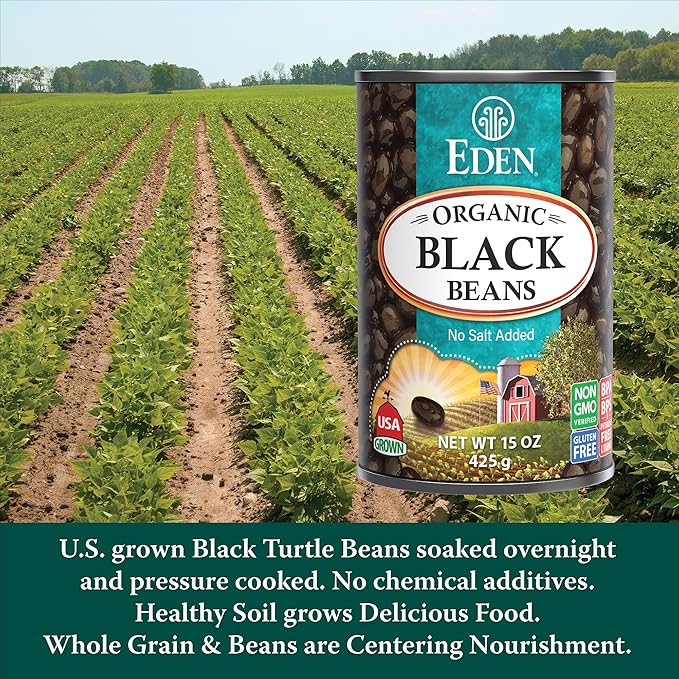 Eden Organic Black Beans, 15 oz Can (12-Pack Case), No Salt Added, Non-GMO, U.S Grown, Heat and