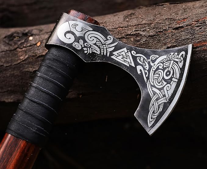 Viking Axe | 18" Carbon Steel Throwing Hatchet with Ash Wood Handle & Leather Sheath | Etched Norse