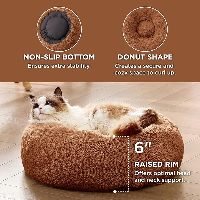 Bedsure Calming Cat Beds for Indoor Cats - Small Cat Bed Washable 20 inches, Anti-Slip Round Fluffy