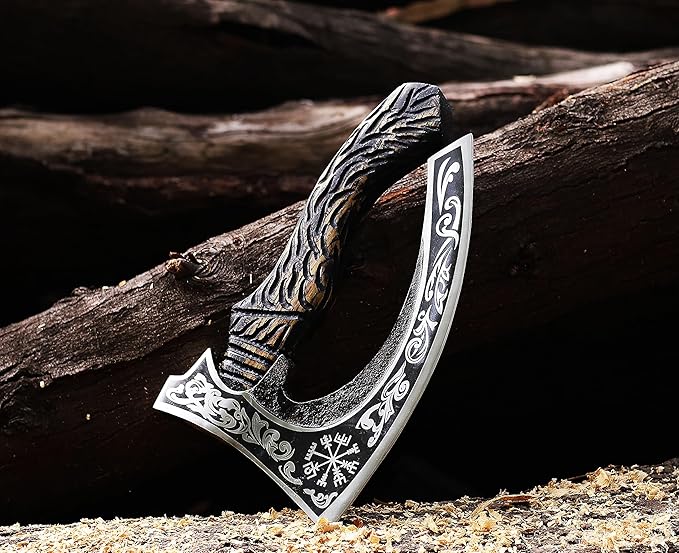 Viking Pizza Axe | Engraved Blade Pizza Cutter with Rosewood Handle & Leather Sheath | Norse Style