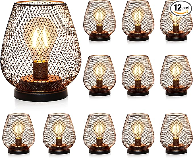 TRIROCKS Set of 12 Battery Operated Lamp LED Table Lantern, Metal Cage Cordless Lamps with LED