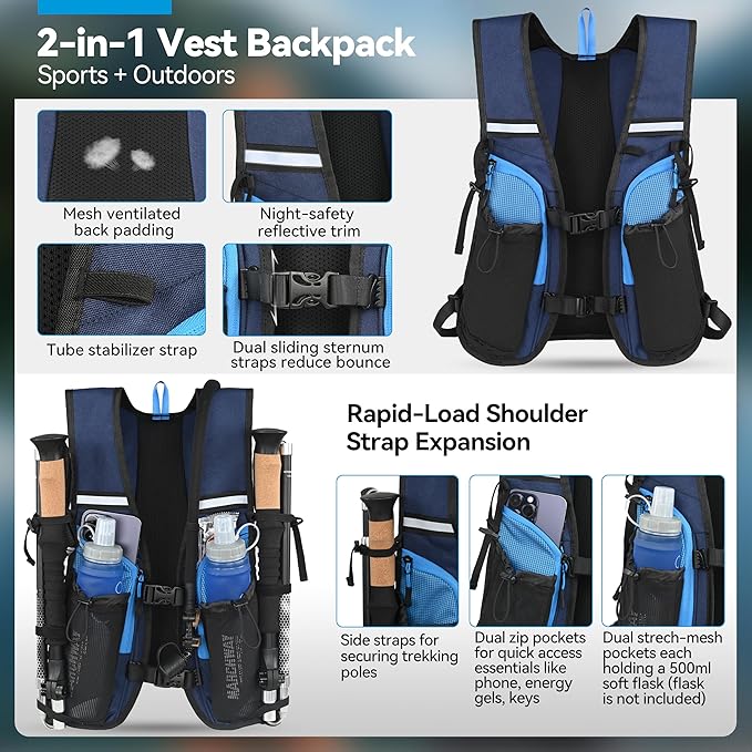 MARCHWAY Lightweight Hydration Backpack with Vest Style Straps & 2.5L TPU Water Bladder, Versatile