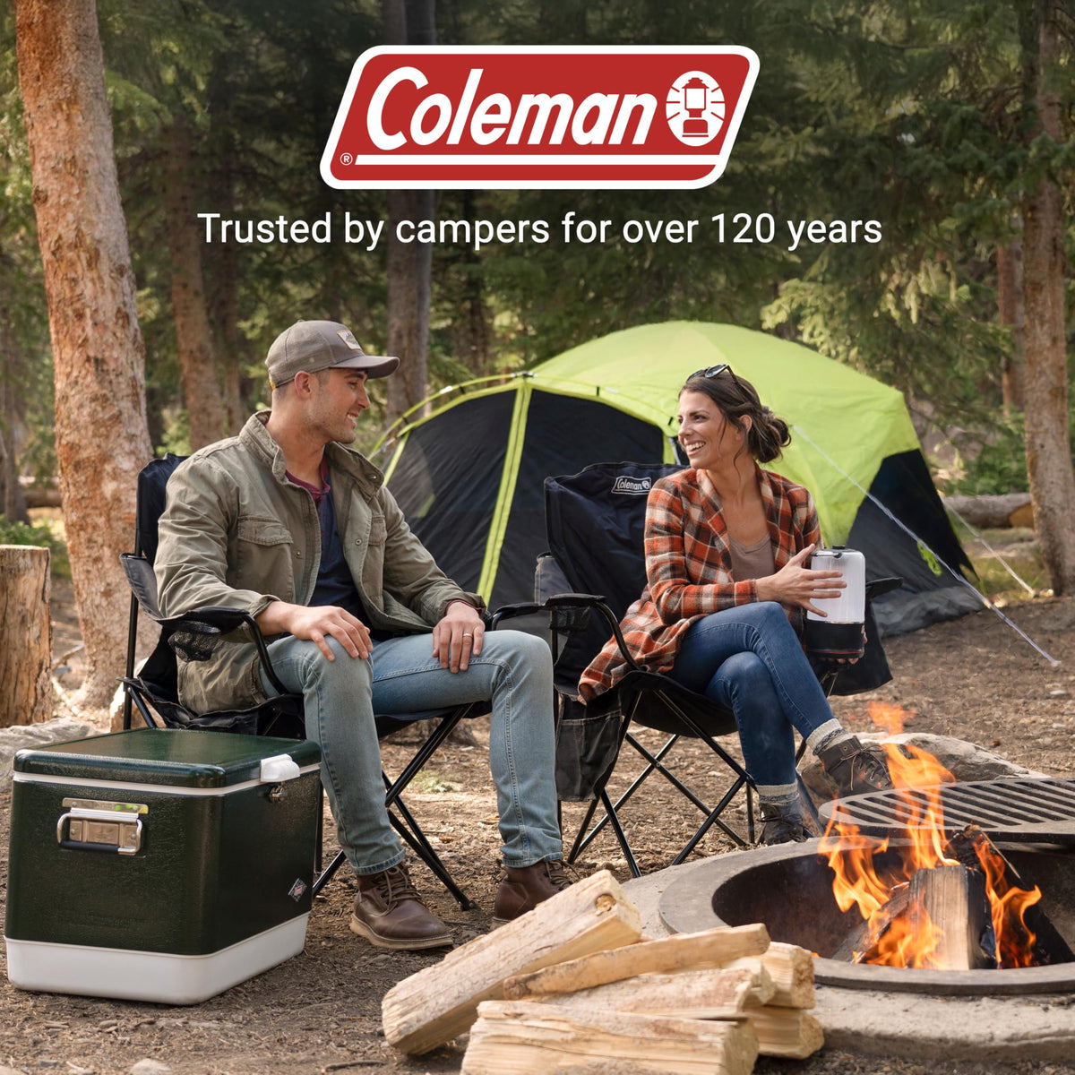 Coleman Portable Camping Chair with 4-Can Cooler, Cushioned Seat & Back with Side Pockets & Cup