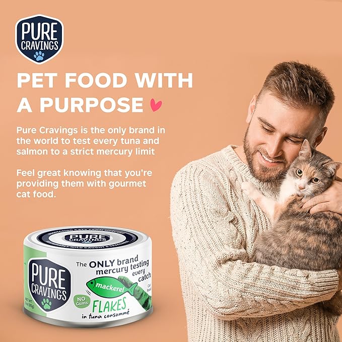 Pure Cravings Mackerel Flakes in Tuna Consommé, Canned Wet Cat Food Soup, 100% Mercury-Tested