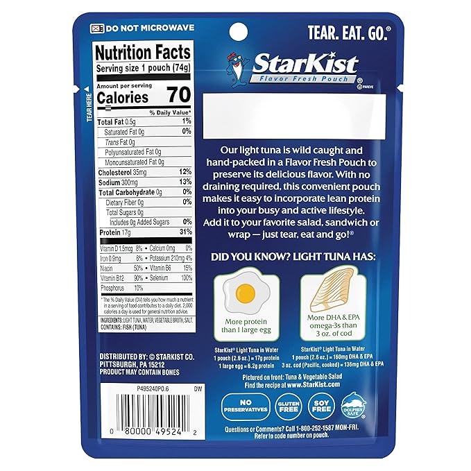 StarKist Chunk Light Tuna in Water, 2.6 oz Pouch (12 Pack) Ready to Eat Wild Caught Tuna, 17g