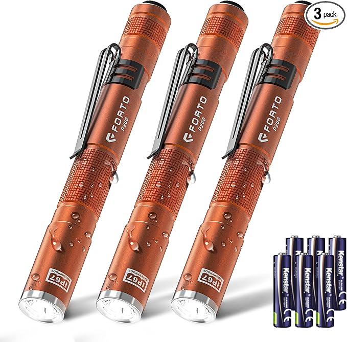 FORTO 3 Pack Pen Light 200 Lumen Pocket Flashlight, IP67 Waterproof and 2 Modes, with AAA Batteries