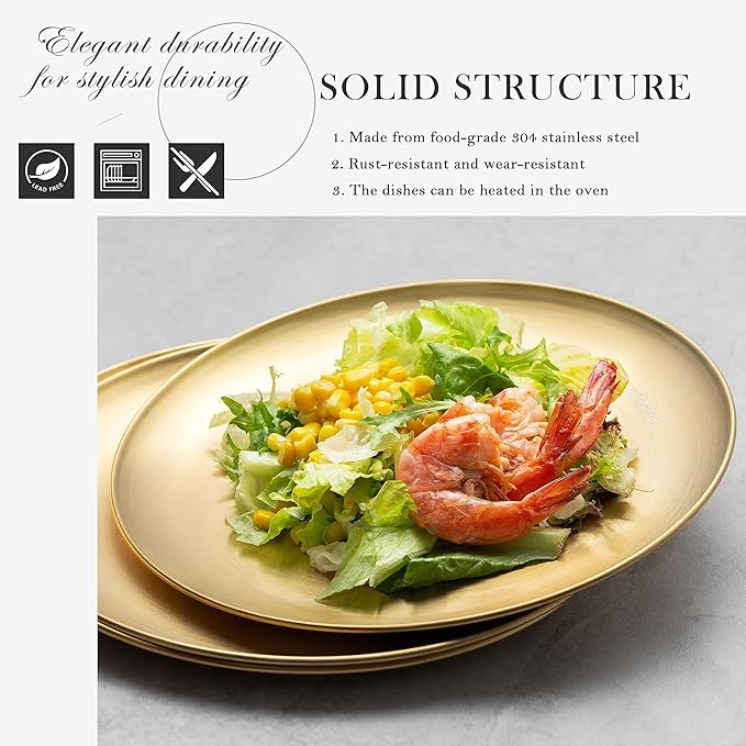 Stainless Steel Plates Metal 18/8 Round Dinner Plates - Set of 4 - Food-Grade Dishwasher Safe 9inch