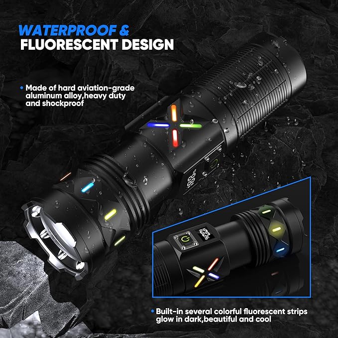Flashlights High Lumens 3000 Rechargeable Long Range, Super Bright LED Flashlight Long Running 15H